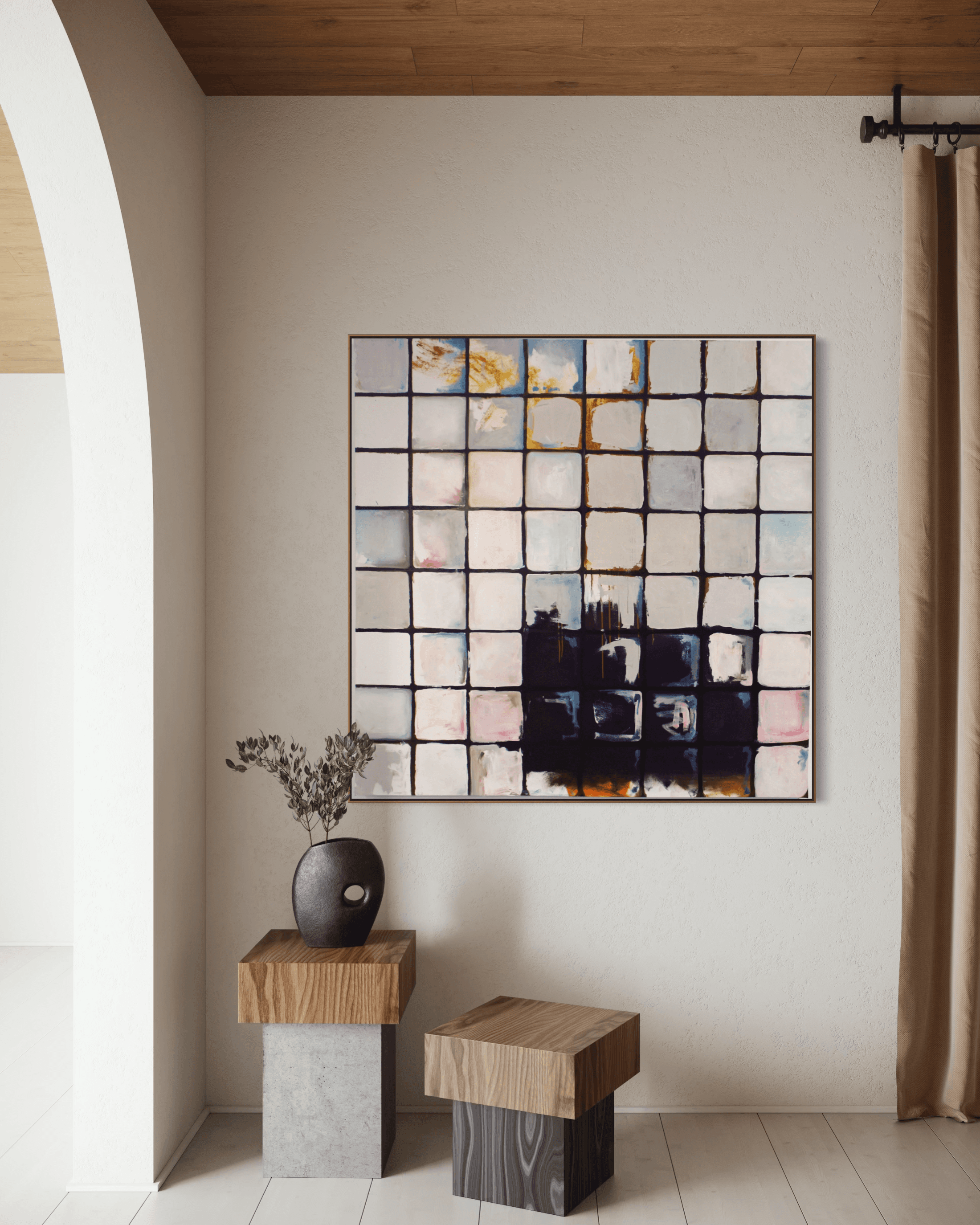 A framed piece by Mina on a wall