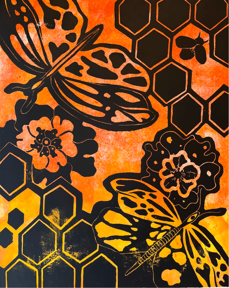Butterflies, flowers and honeycomb — linocut print by Mina Hertzberg Bakkeli